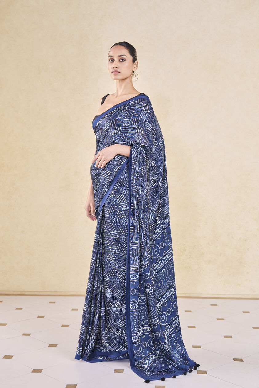 Junco Handcrafted Ajrakh Saree - Blue, Blue, image 3